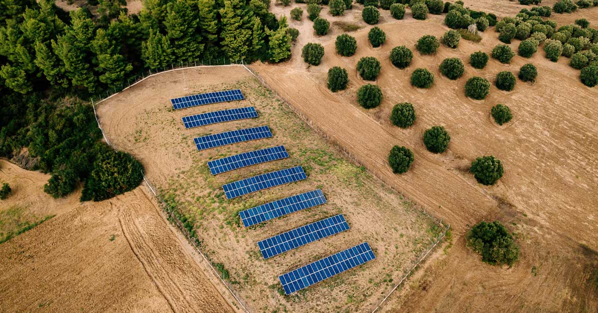 aerial view of solar panels on a farm, trends shaping Australian agriculture