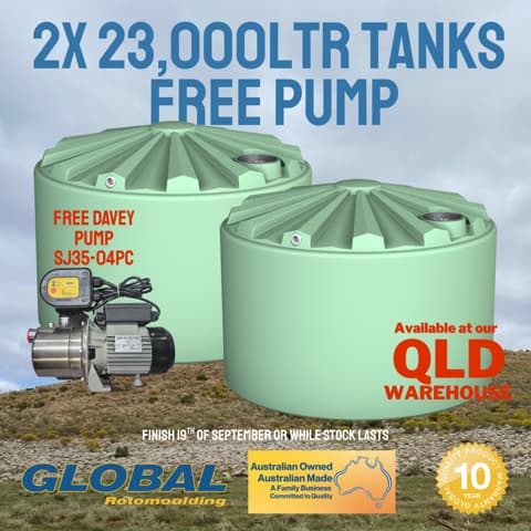 Buy two 23,500L Rainwater Tanks & Get a Free Pump. Offer closes 30th September 2025. Queensland factory only!
