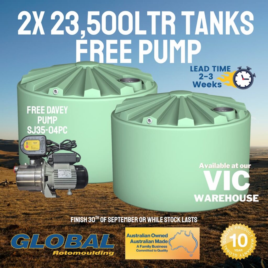 Buy two 23,500L Rainwater Tanks & Get a Free Pump. Offer closes 30th September 2025. Victoria factory only!