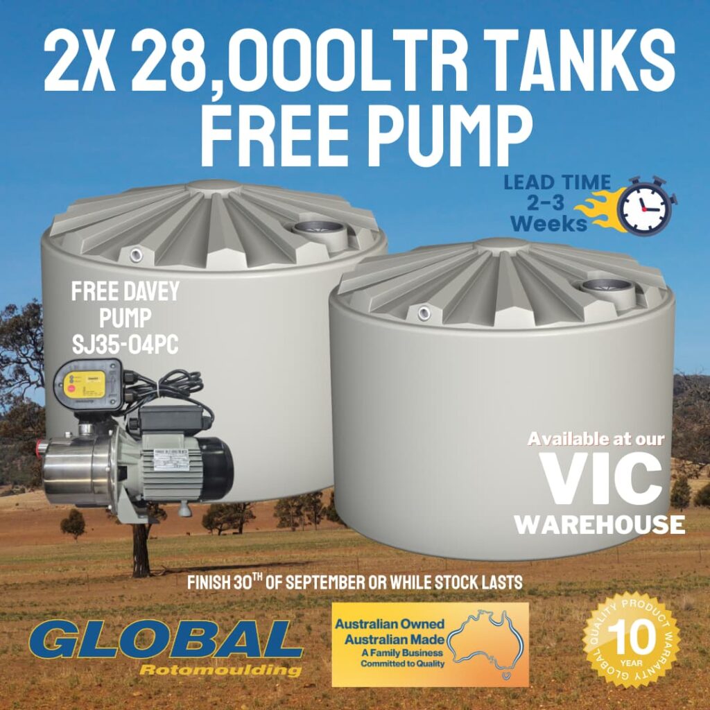 Buy two 28,000L Rainwater Tanks & Get a Free Pump. Offer closes 30th September 2025. Victoria factory only!