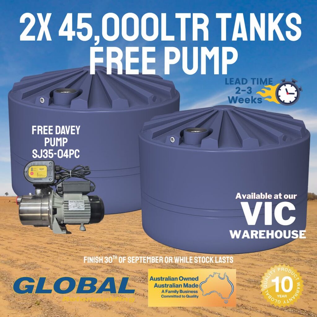 Buy two 45,000L Rainwater Tanks & Get a Free Pump. Offer closes 30th September 2025. Victoria factory only!